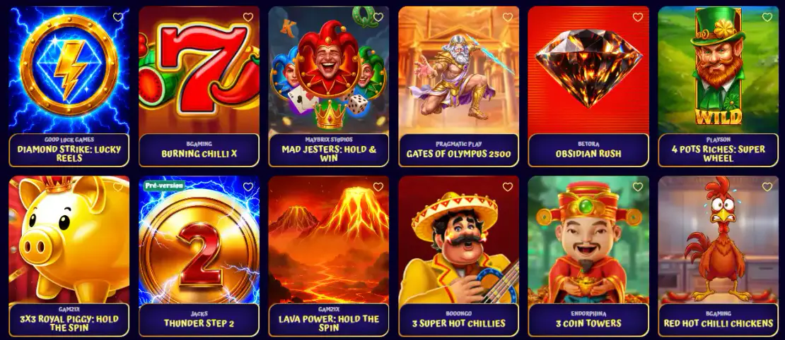 Catalogus van gokkasten bij Spingranny, met onder meer Diamond Strike, Gates of Olympus 2500, Burning Chilli X en andere spellen